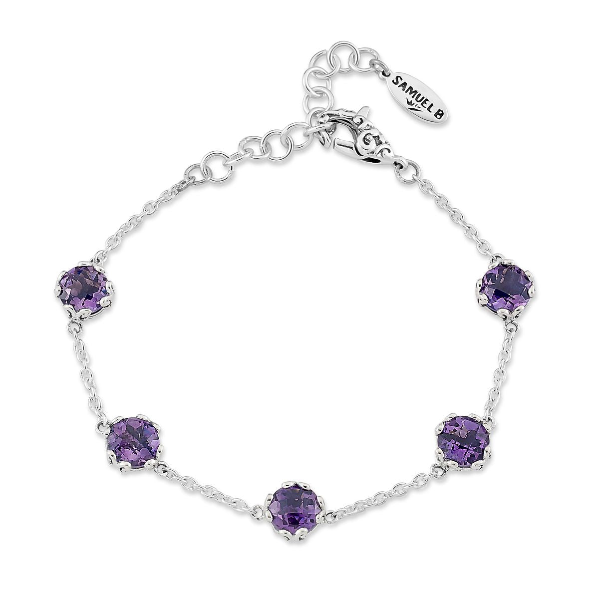 Birthday Collection Sterling Silver 7mm Round Amethyst Station Bracelet
