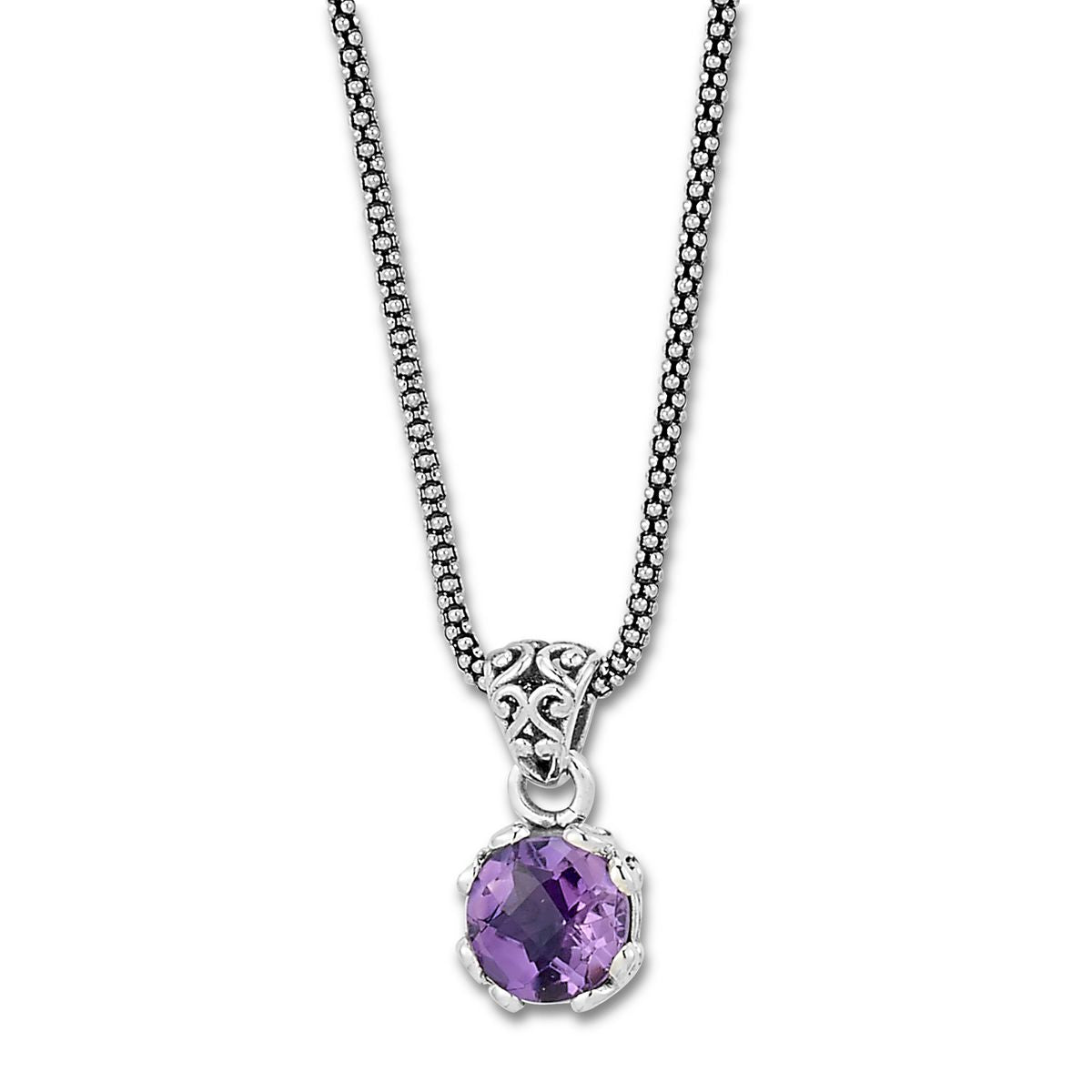 Birthday Collection Sterling Silver 7mm Round Amethyst Pendant on Popcorn Chain