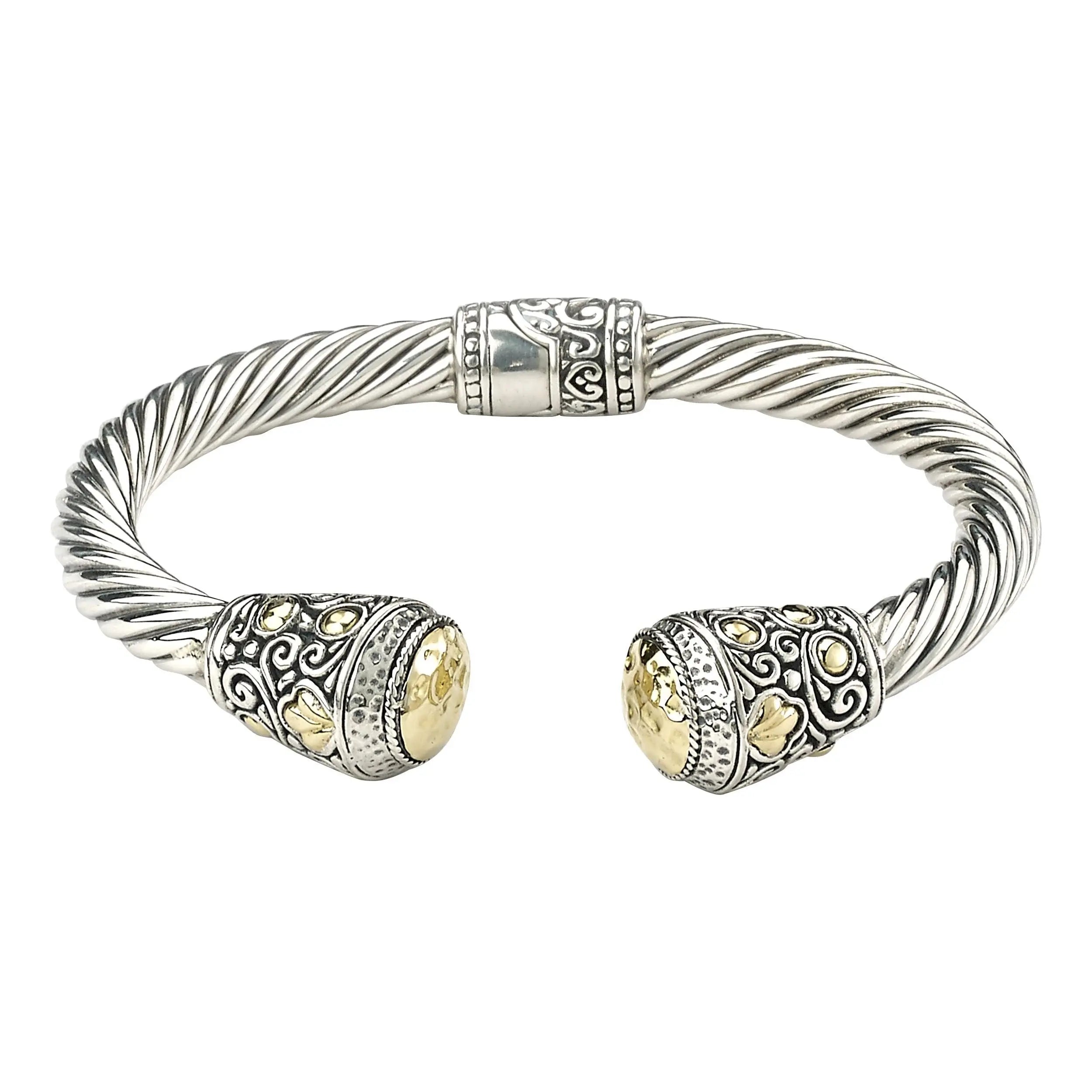 SS/18K 6 1/2" HAMMERED GOLD TWISTED HINGED BANGLE Farsi Jewelers