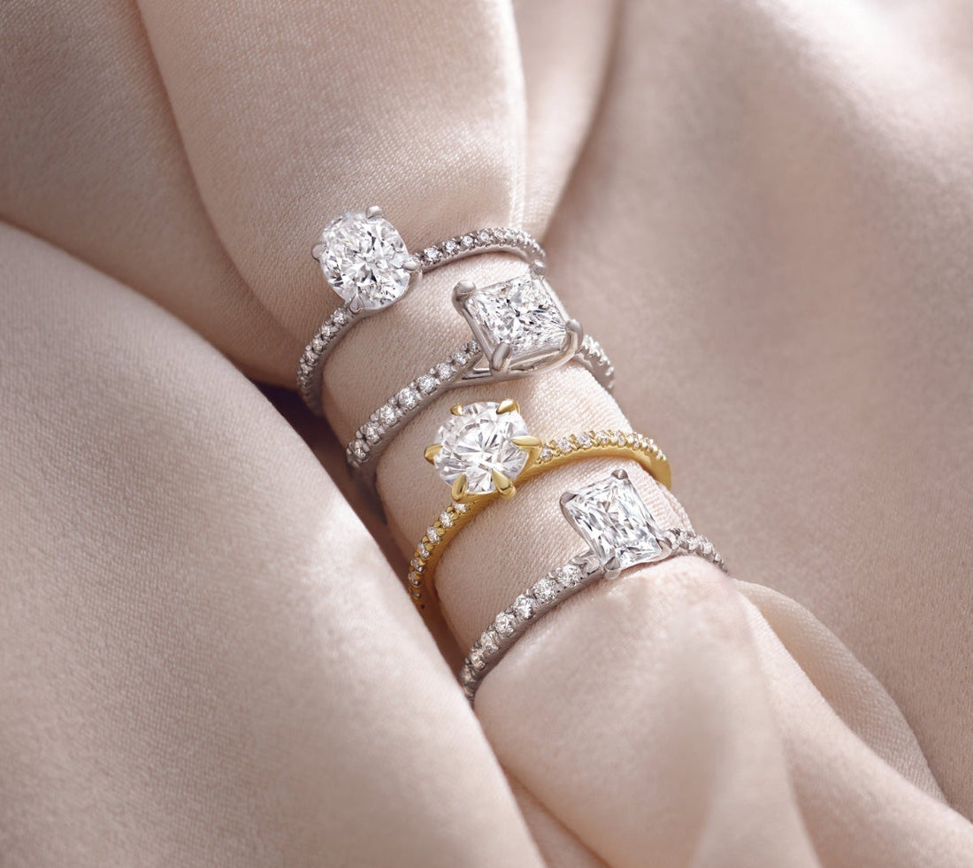 Close-up comparison of moissanite, lab-grown, and natural diamond sparkle — Farsi Jewelers, Sandy Springs