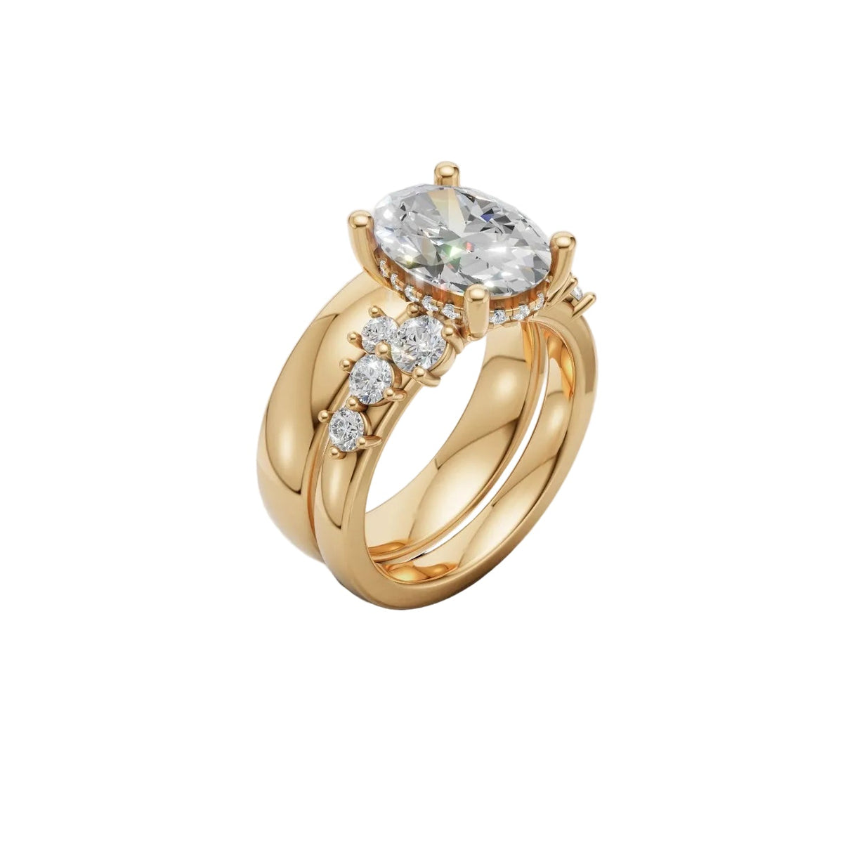 Asymmetrical oval lab-grown diamond hidden halo engagement ring with matching band in 14K yellow gold, render