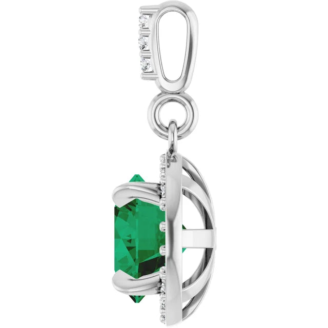Gemstone Jewelry 14K White Lab Grown Emerald and Diamond Pendant