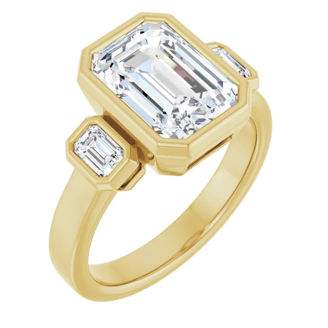 Engagement Rings 14K Yellow Gold 3.0 CT Emerald-Cut Bezel Three-Stone Engagement Ring