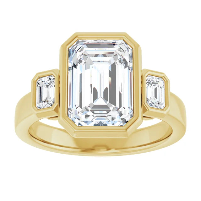 Engagement Rings 14K Yellow Gold 3.0 CT Emerald-Cut Bezel Three-Stone Engagement Ring