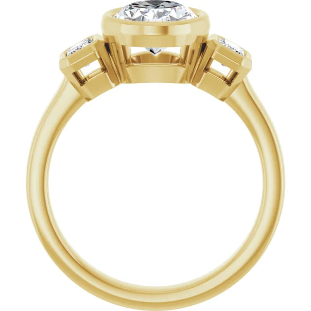 Front elevation of the 14K yellow gold bezel ring, showing the open gallery beneath the oval center and both emerald-cut side stones above a smooth round band