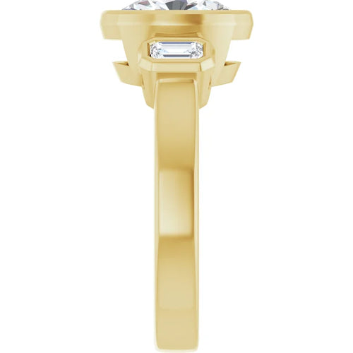 Load image 1 in gallery view. Side profile of the 14K yellow gold three-stone ring, an emerald-cut side diamond in its bezel beside the oval center, above the flat tapered band