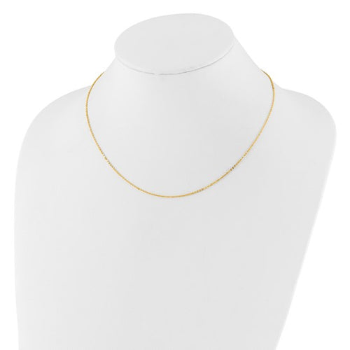Load image 1 in gallery view. The thin 14K yellow gold cable chain displayed on a white necklace bust to show how it sits at the base of the neck