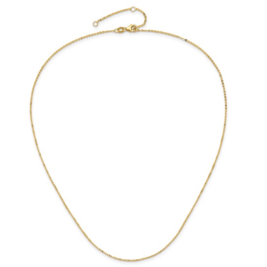 Yellow cable chain laid flat in a teardrop shape, clasp and adjustment rings at the top