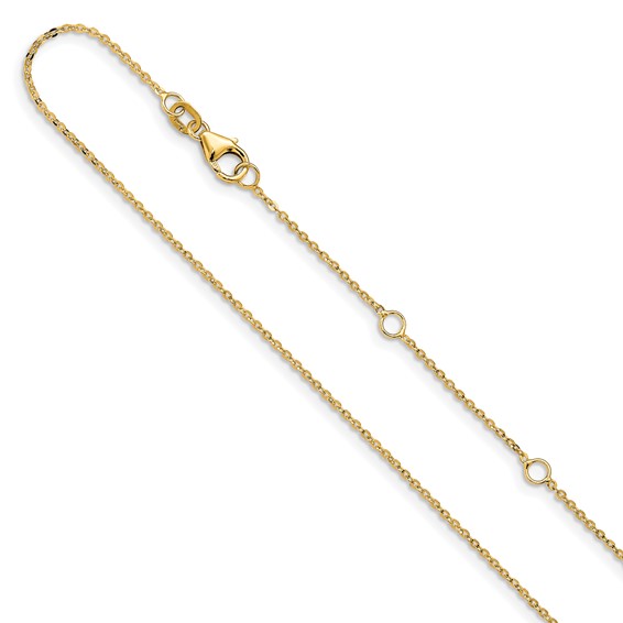 Close view of the yellow cable chain's teardrop lobster clasp and the two adjustment rings along the chain