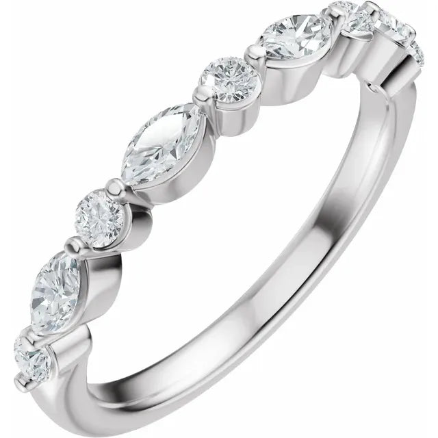 14K white gold wedding band with nine alternating marquise and round lab-grown diamonds, 0.50 ctw, angled view