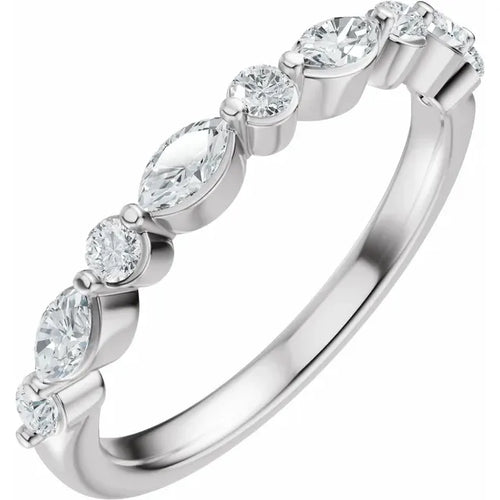 Load image 1 in gallery view. 14K white gold wedding band with nine alternating marquise and round lab-grown diamonds, 0.50 ctw, angled view