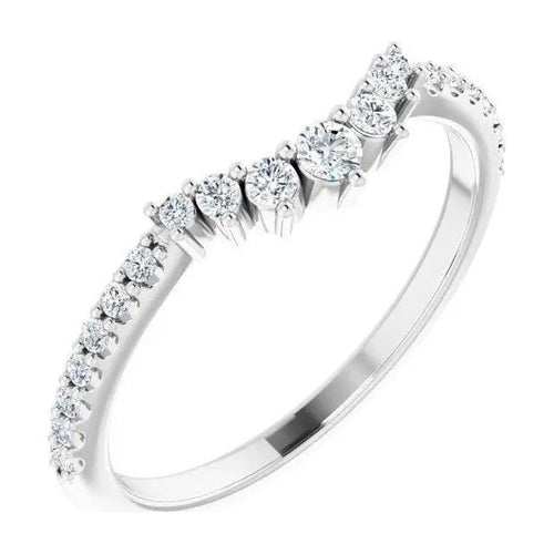 Load image 1 in gallery view. 14K white gold contour wedding band rising to a soft V at the centre, set with round lab-grown diamonds that graduate from larger at the point down to smaller stones along each side of the shank