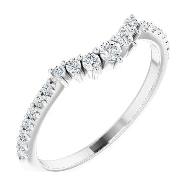 14K white gold contour wedding band rising to a soft V at the centre, set with round lab-grown diamonds that graduate from larger at the point down to smaller stones along each side of the shank
