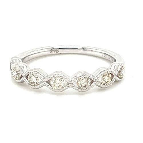 Load image 1 in gallery view. 14K white gold wedding band with round diamonds in milgrain-edged geometric settings across the top half