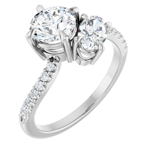 14KW Gold 2-Stone Round - Pear Shape Lab Diamond Engagement Ring -