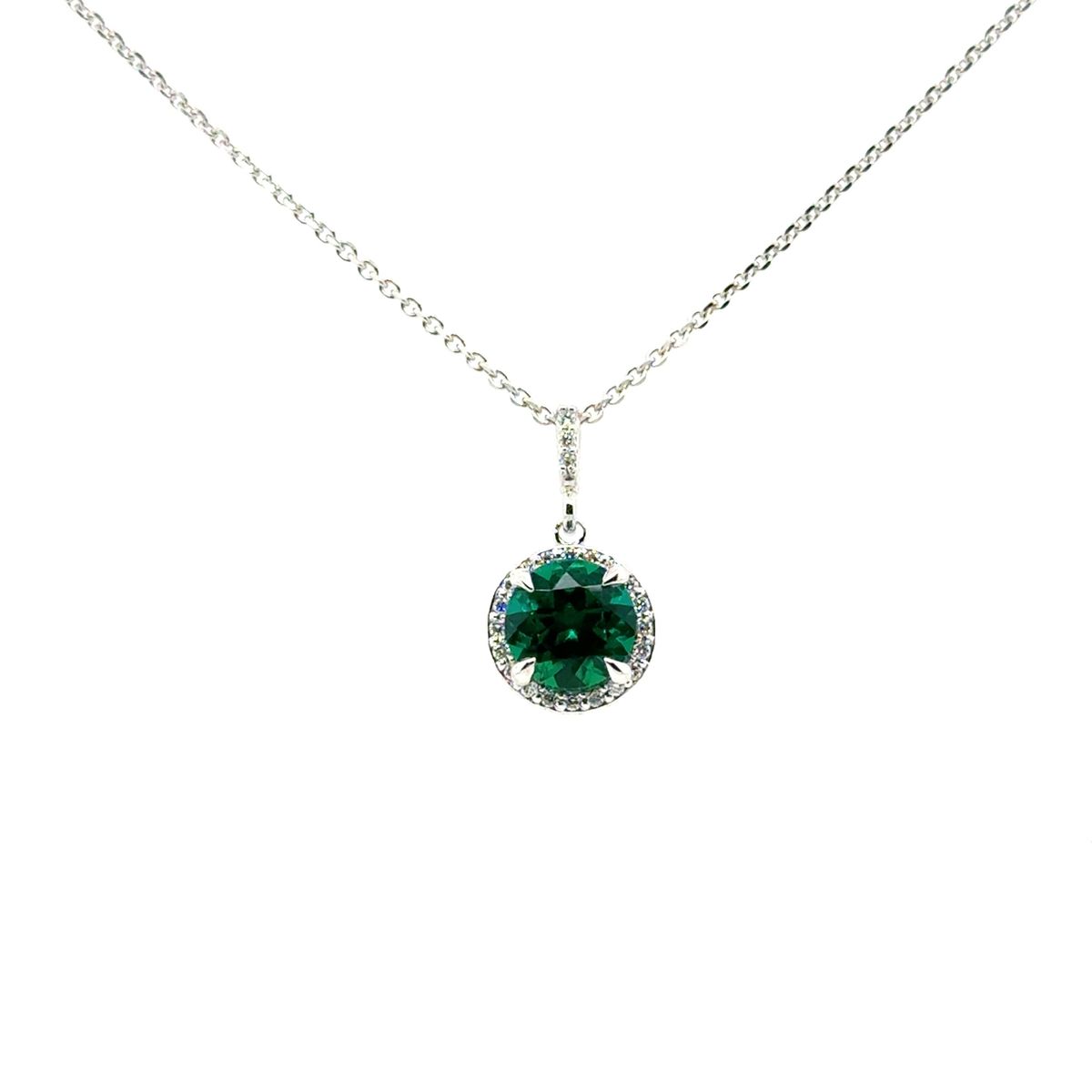 Gemstone Jewelry 14K White Lab Grown Emerald and Diamond Pendant