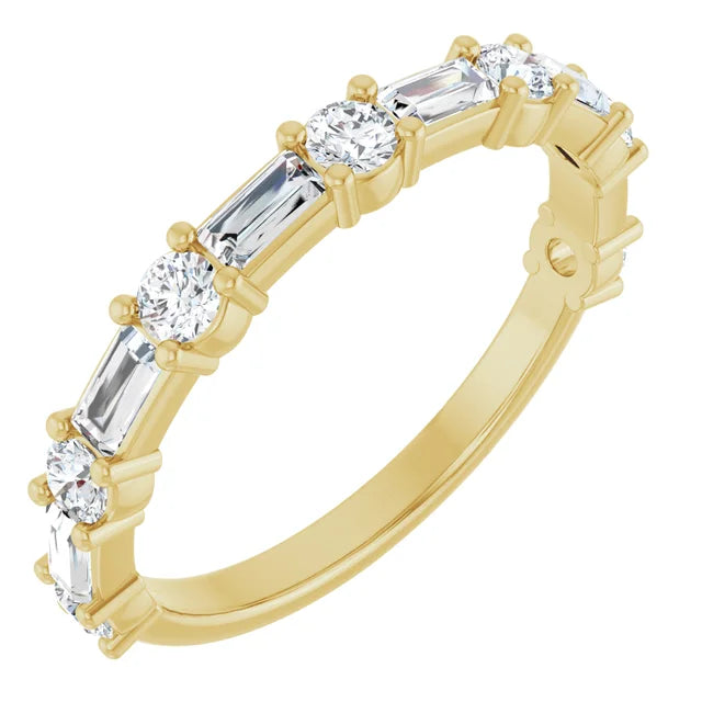14K yellow gold wedding band with alternating round and baguette lab-grown diamonds, angled view