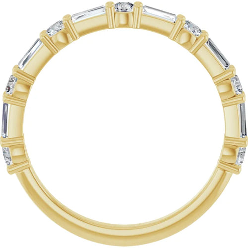 Load image 1 in gallery view. Yellow gold round and baguette lab-grown diamond band seen face-on through the finger opening