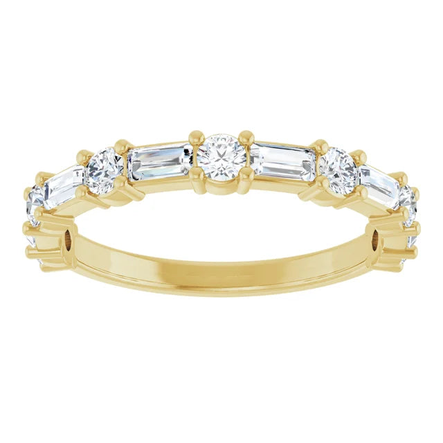 Front view of the yellow gold band showing round lab-grown diamonds alternating with straight baguettes