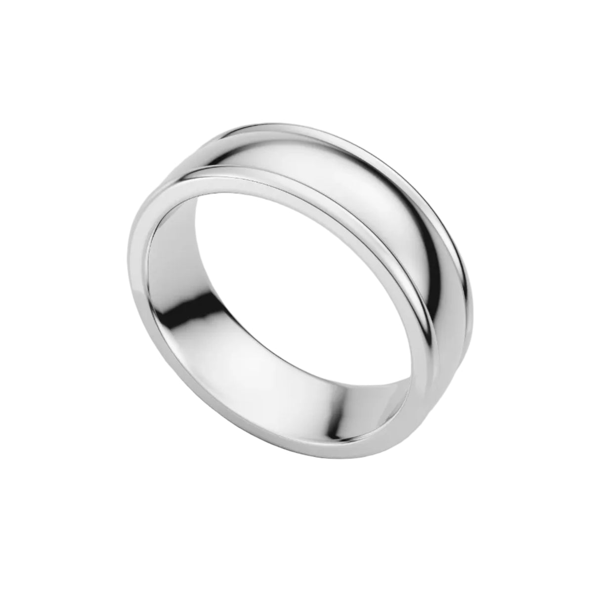 Custom 14K white gold men's wedding band, high polish with a domed center and grooved edges, made to order at Farsi Jewelers, Sandy Springs