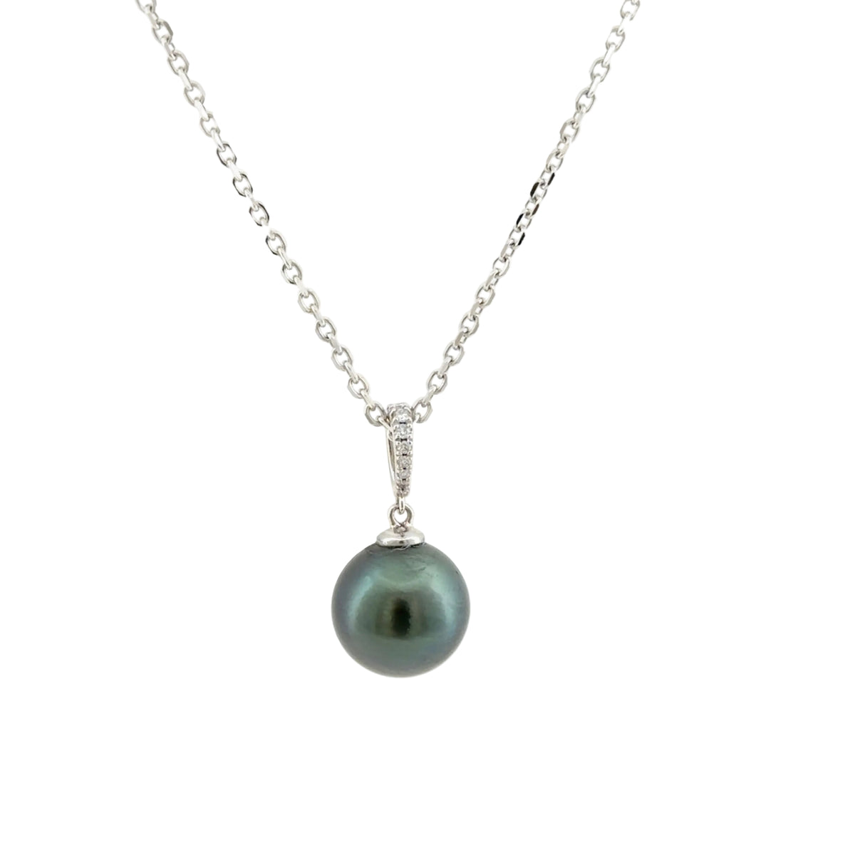 14K white gold diamond bail holding a dark green Tahitian pearl on a white gold cable chain; the pearl is shown for reference and not included