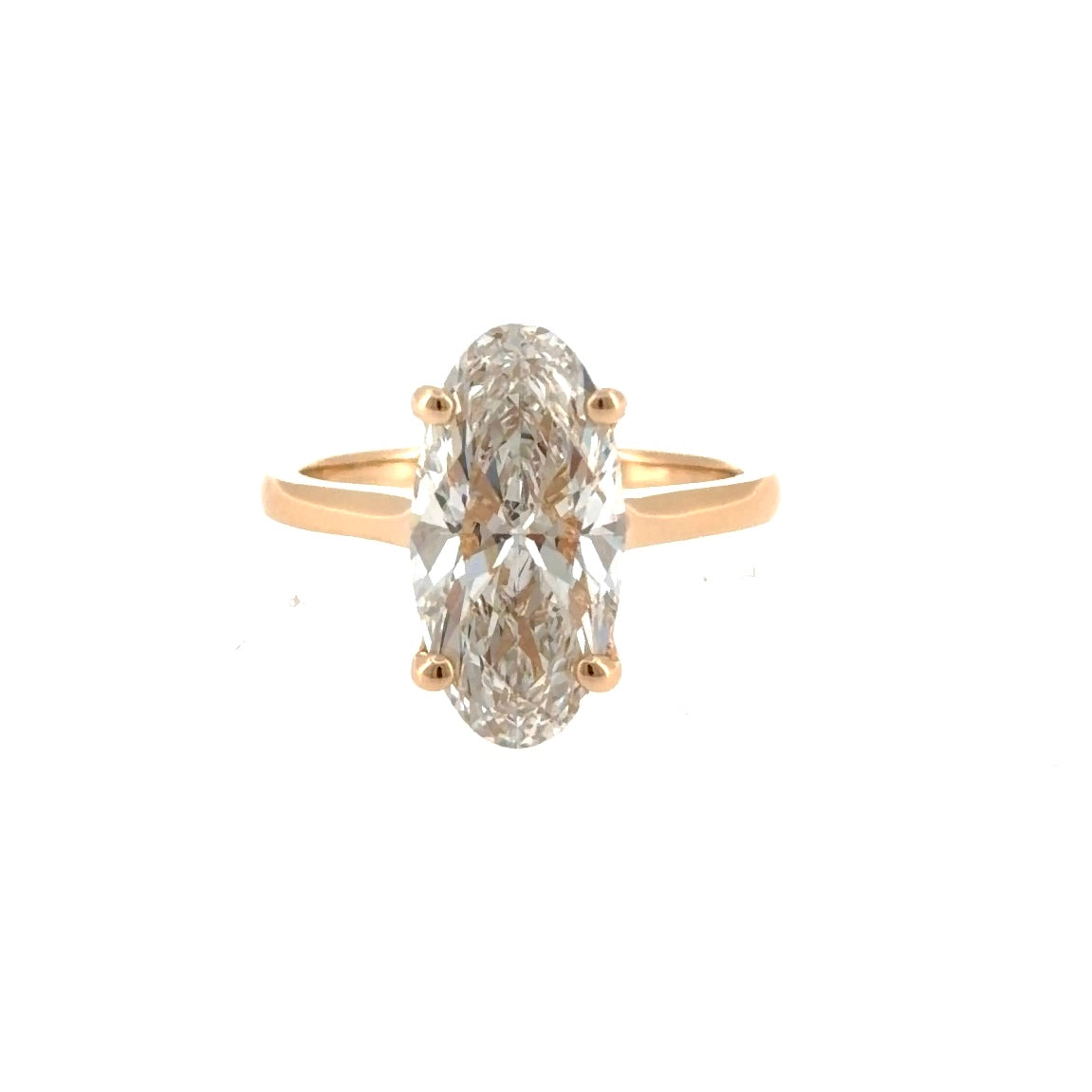 14K yellow gold moval solitaire engagement ring with a 3.08 ct lab-grown moval diamond in four prongs, front view