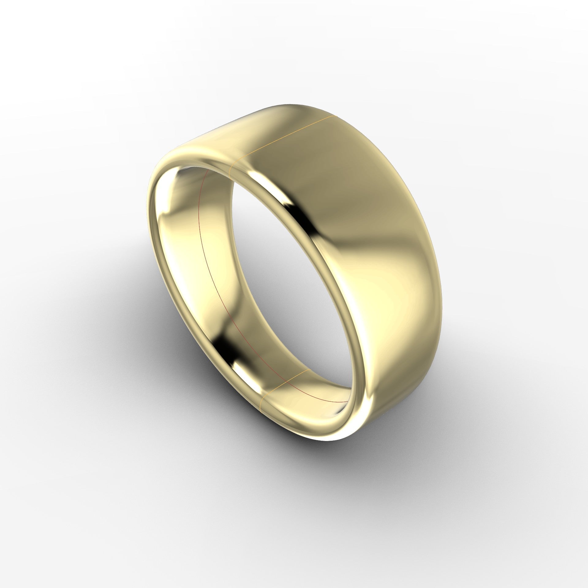 Computer design model of a wide 14K yellow gold band with a softly domed polished face, custom redesign from sentimental gold at Farsi Jewelers