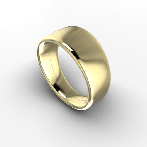 Load image 1 in gallery view. Computer design model of a wide 14K yellow gold band with a softly domed polished face, custom redesign from sentimental gold at Farsi Jewelers