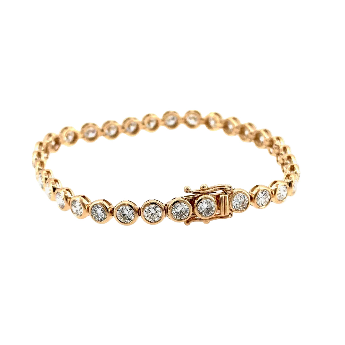 14K yellow gold bezel tennis bracelet with round lab-grown diamonds, each in its own gold bezel, shown closed with the box clasp in front