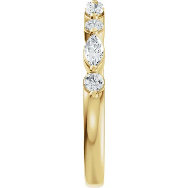 14K yellow gold marquise and round lab-grown diamond wedding band, side profile showing the shared-prong setting