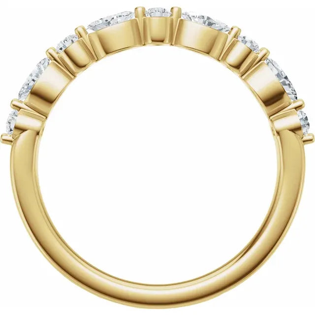 14K yellow gold marquise and round lab-grown diamond wedding band, through-the-finger view of the straight band