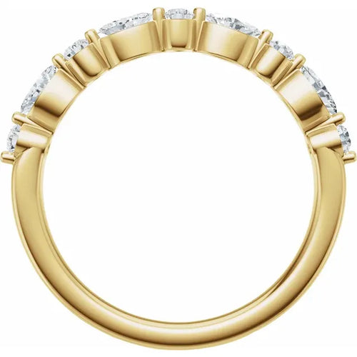 Load image 1 in gallery view. 14K yellow gold marquise and round lab-grown diamond wedding band, through-the-finger view of the straight band