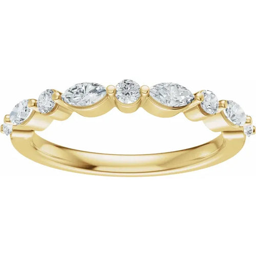 Load image 1 in gallery view. 14K yellow gold marquise and round lab-grown diamond wedding band, 0.50 ctw, front view of the shared-prong row
