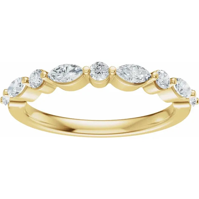14K yellow gold marquise and round lab-grown diamond wedding band, 0.50 ctw, front view of the shared-prong row