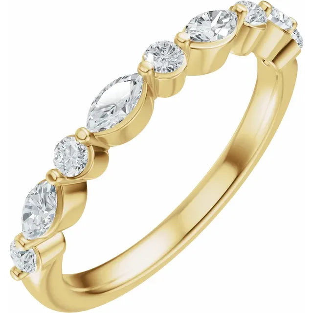14K yellow gold wedding band with nine alternating marquise and round lab-grown diamonds, 0.50 ctw, angled view