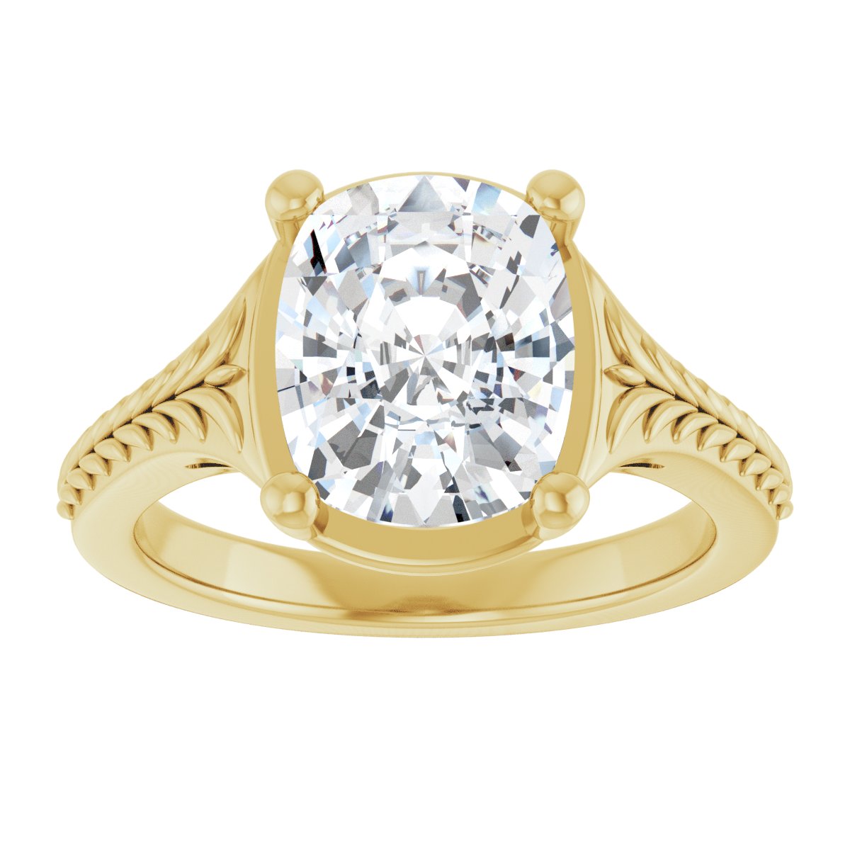 Face-up view of the 3 carat elongated cushion diamond in four prongs, the hand-engraved leaf pattern fanning out across both shoulders of the yellow gold band