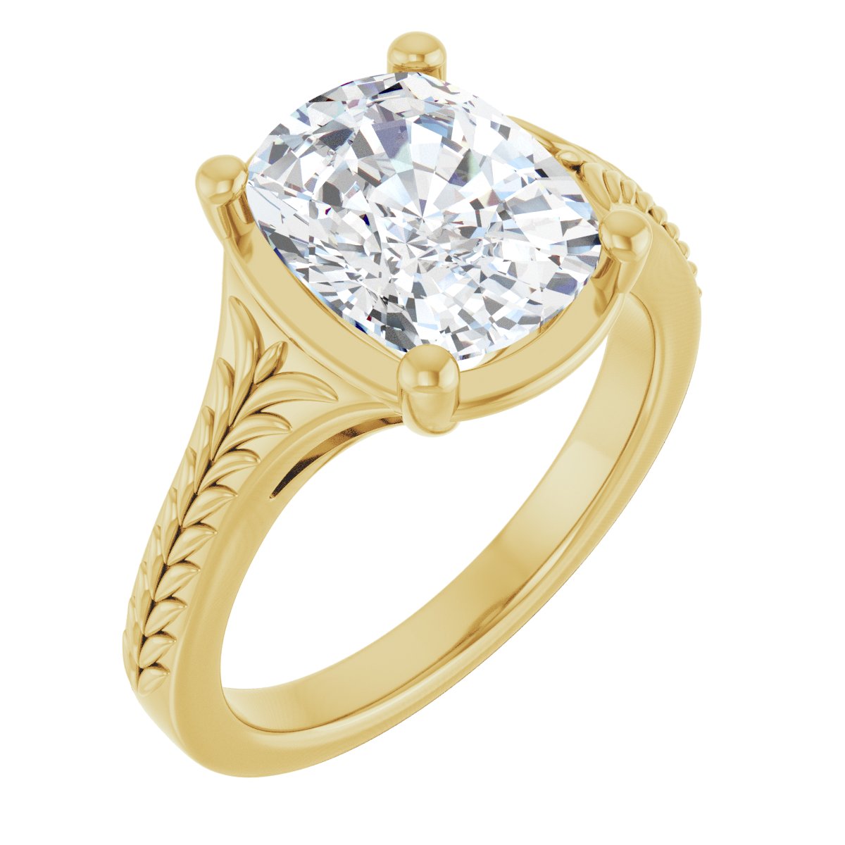 14K yellow gold solitaire engagement ring with a 3 carat elongated cushion lab-grown diamond and hand-engraved leaf detailing on the shoulders