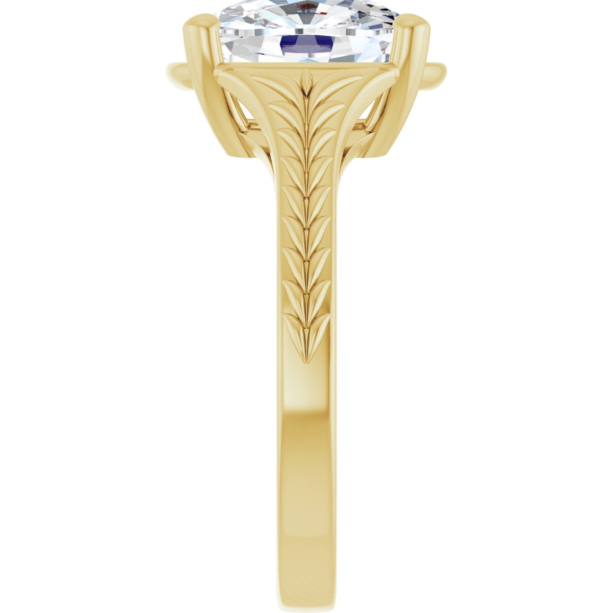 Side profile showing the hand-engraved leaf work in close detail, cut into the shoulder of the 14K yellow gold band beneath the cushion diamond