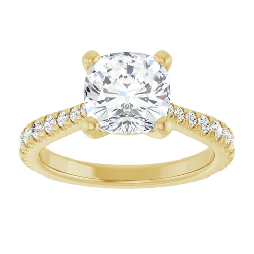 Load image 1 in gallery view. Top view of the 2 carat cushion-cut lab-grown diamond in four prongs, with French-set pave diamonds along the yellow gold band on either side