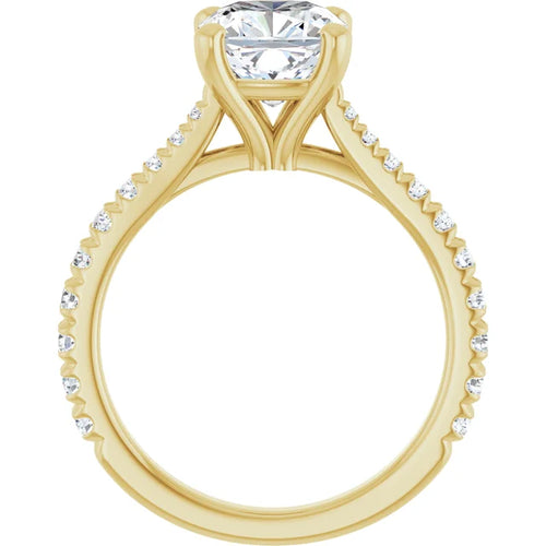 Load image 1 in gallery view. Side profile of the ring, showing the cushion diamond seated above an open gallery and the French-set pave running the length of both shoulders