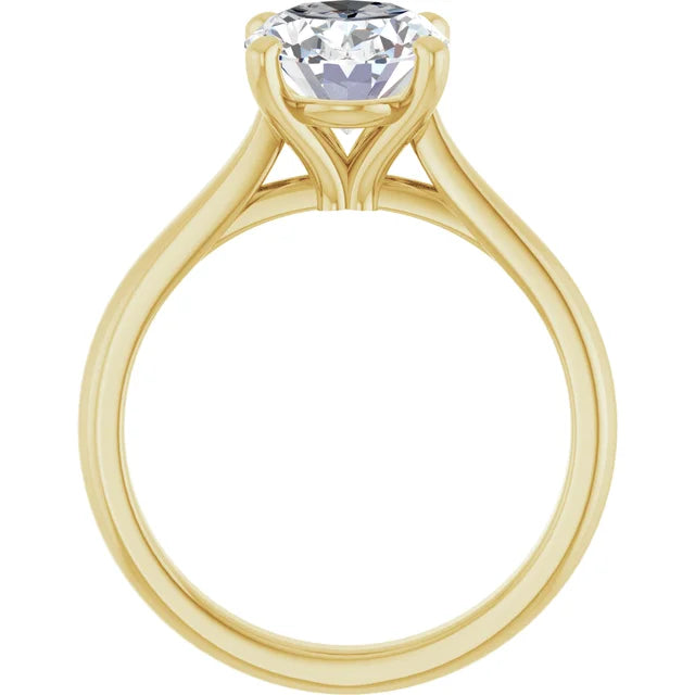 Side profile of the ring, showing the cathedral shoulders arching up to meet the setting and the open gallery beneath the oval diamond