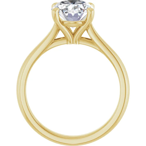 Load image 1 in gallery view. Side profile of the ring, showing the cathedral shoulders arching up to meet the setting and the open gallery beneath the oval diamond