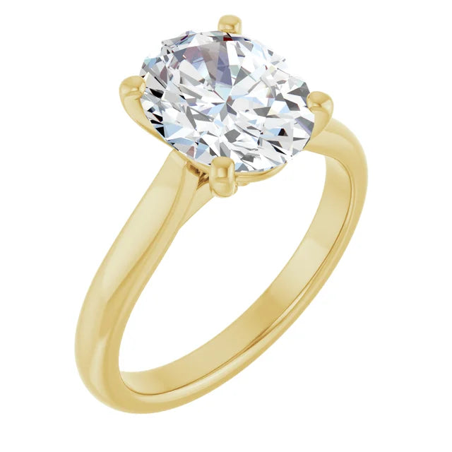 14K yellow gold cathedral solitaire engagement ring at a three-quarter angle, the 2.25 carat oval lab-grown diamond held in four prongs above a plain polished band