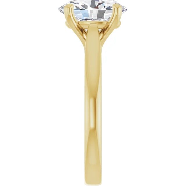 End-on view of the ring, the oval lab-grown diamond seen edge-on above the cathedral shoulders, showing how the band tapers and rises into the setting