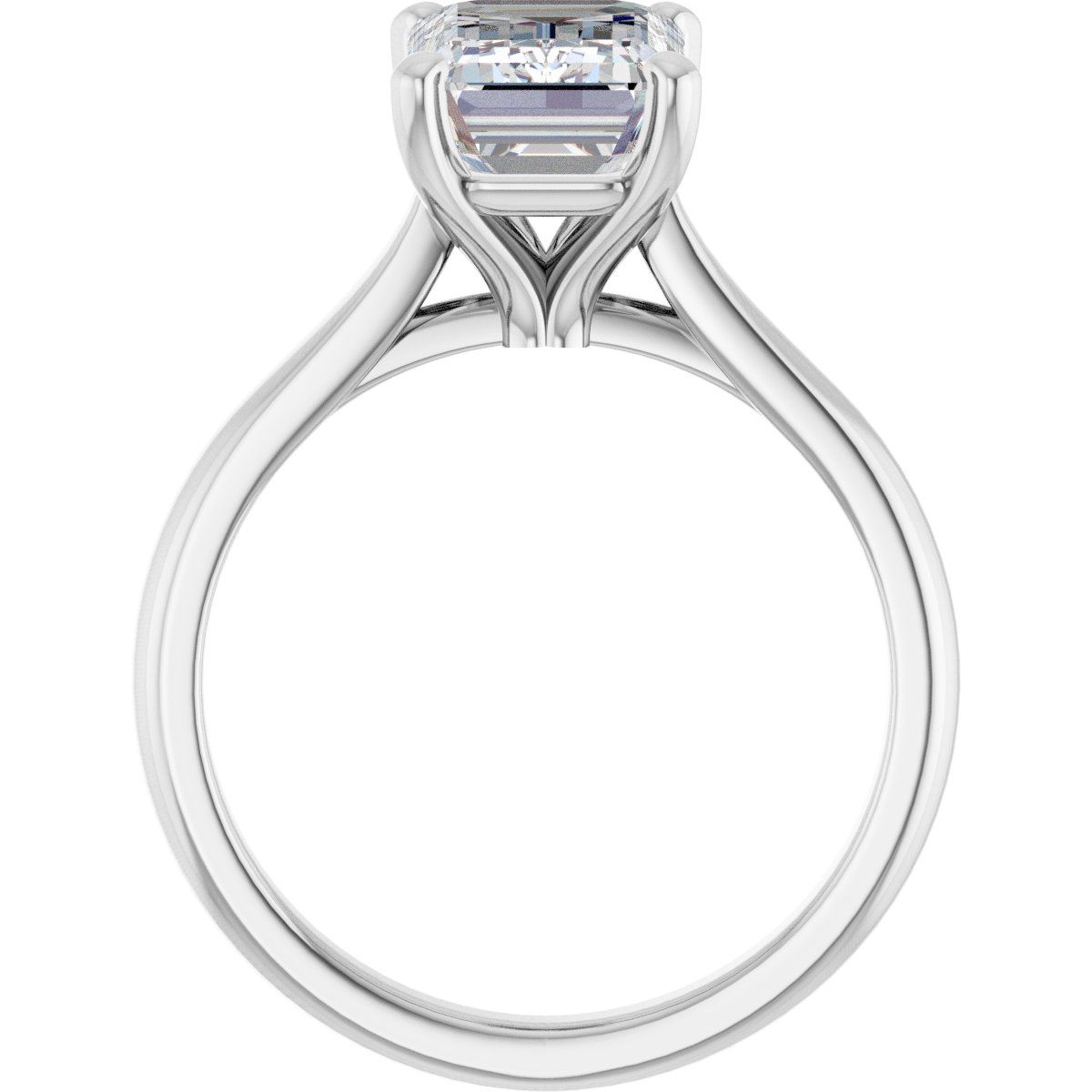 Front elevation of the ring in 14K white gold, the emerald-cut diamond seen edge-on above an open four-prong basket and a plain tapered band