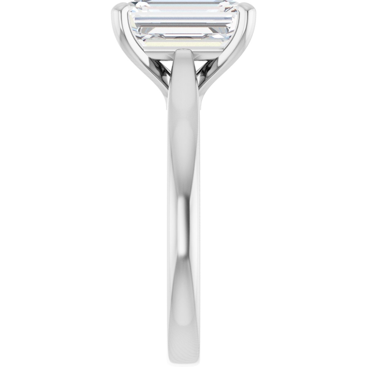 Side profile of the ring in 14K white gold, the band seen edge-on with the prongs cradling the emerald-cut diamond above it