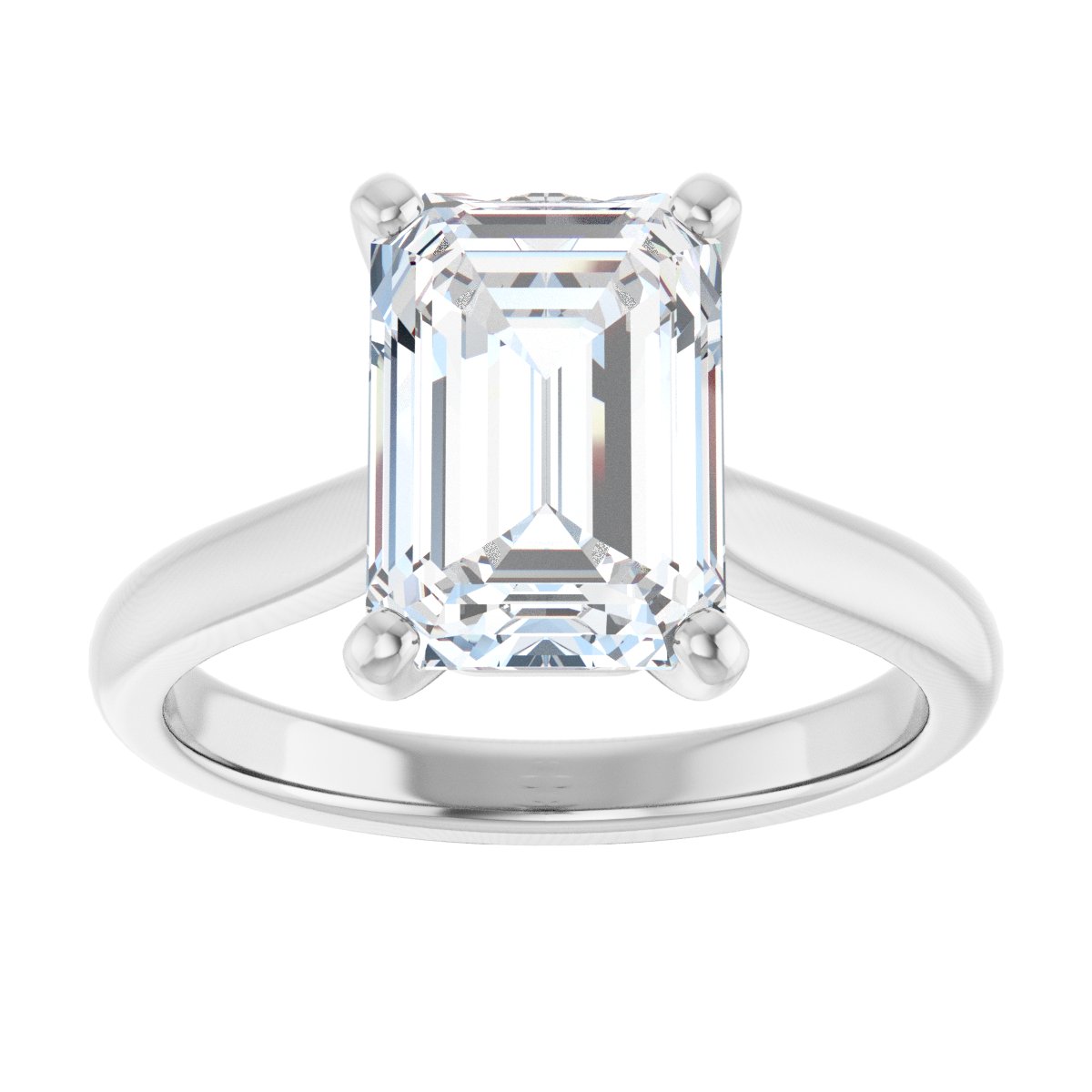 Face-up view of the emerald-cut diamond in 14K white gold, its long step facets held in four prongs on a plain polished band