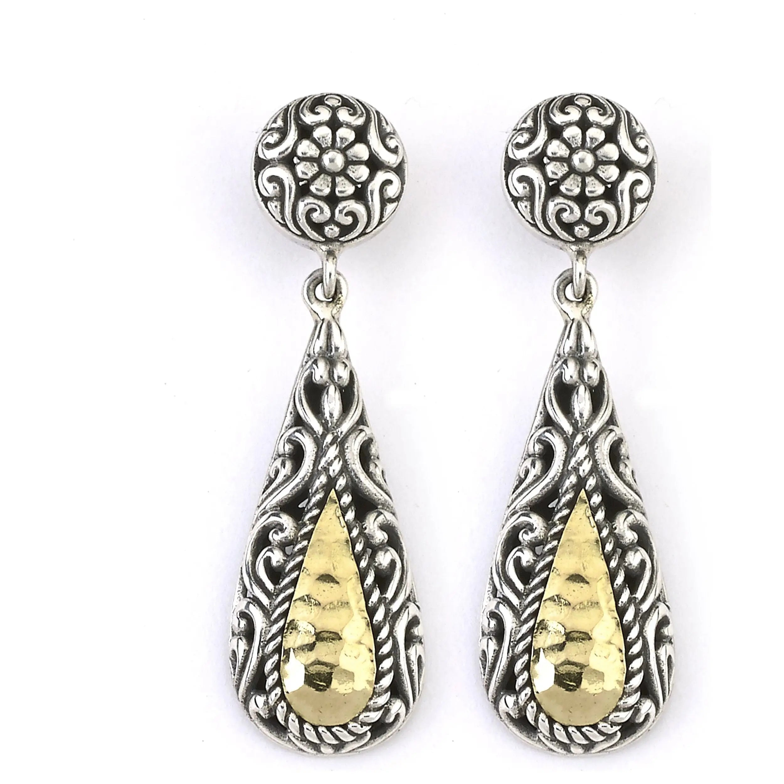 SS/18K HAMMER DESIGN TEAR DROP EARRINGS WITH STUD - Farsi Jewelers