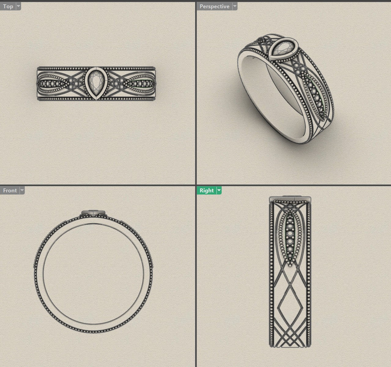 CAD model views of the 18K yellow gold men's wedding band — pear-cut lab-grown diamond bezel-set in the band, beaded milgrain edges and crossover lattice with pave-set lab-grown diamonds