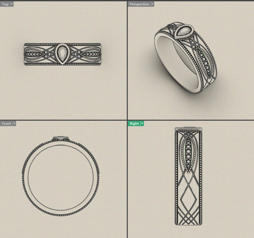 Load image 1 in gallery view. CAD model views of the 18K yellow gold men's wedding band — pear-cut lab-grown diamond bezel-set in the band, beaded milgrain edges and crossover lattice with pave-set lab-grown diamonds
